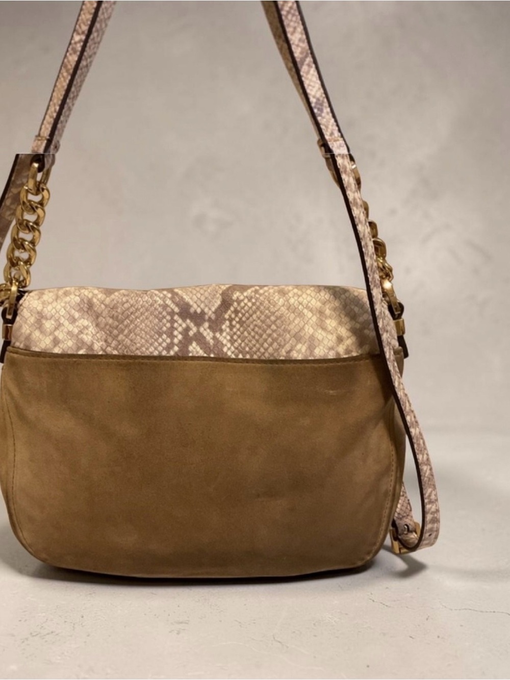 Michael Kors Bedford Taupe Snake-Print and Suede Shoulder Crossbody EUC - Picture 2 of 9